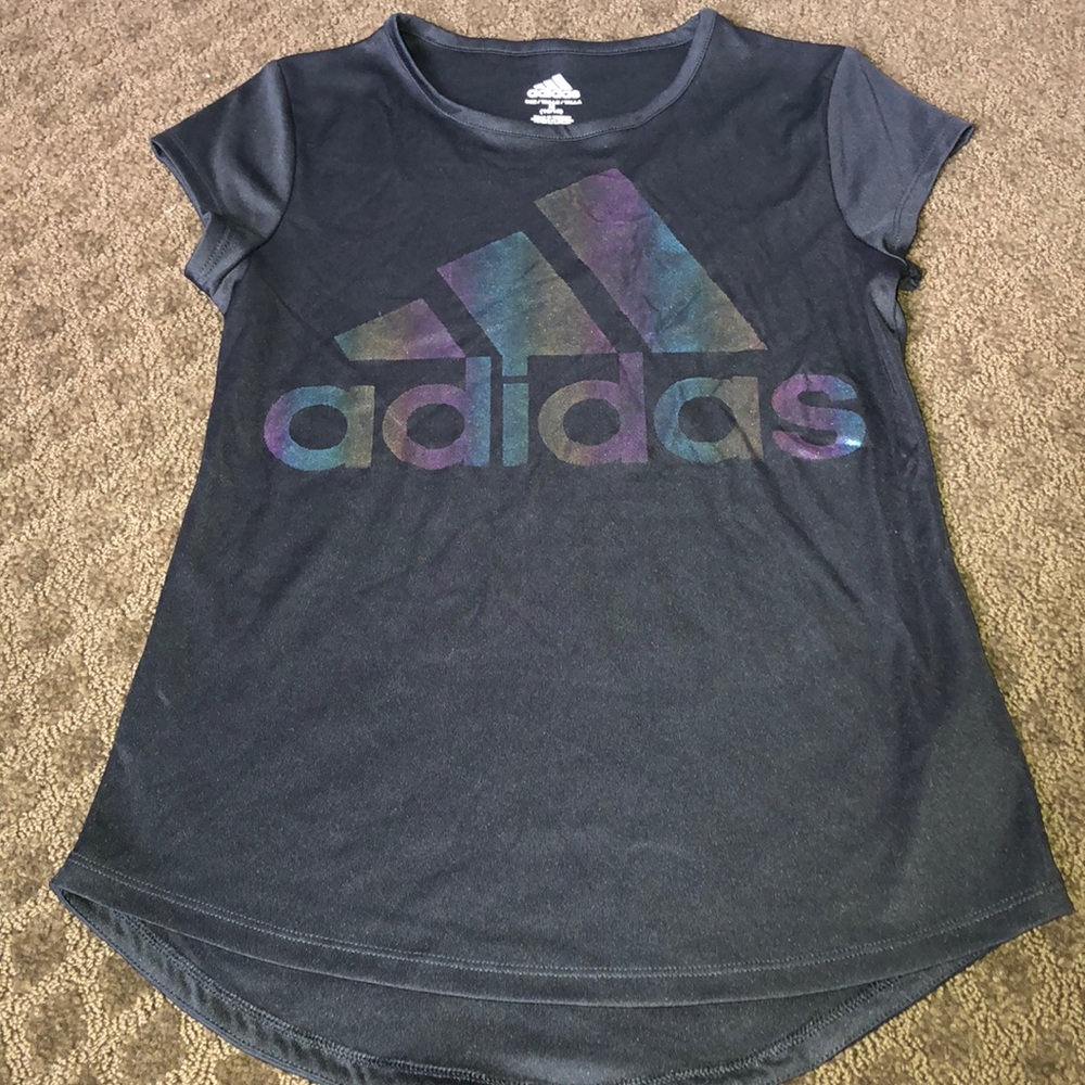 Adidas girls t-shirt black with rainbow logo size 10/12
